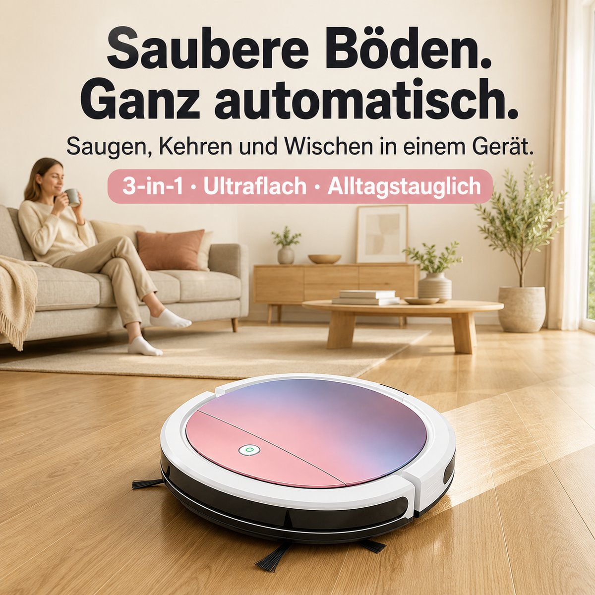 Ultraflacher 3-in-1 Saugroboter für Haare, Staub und Krümel