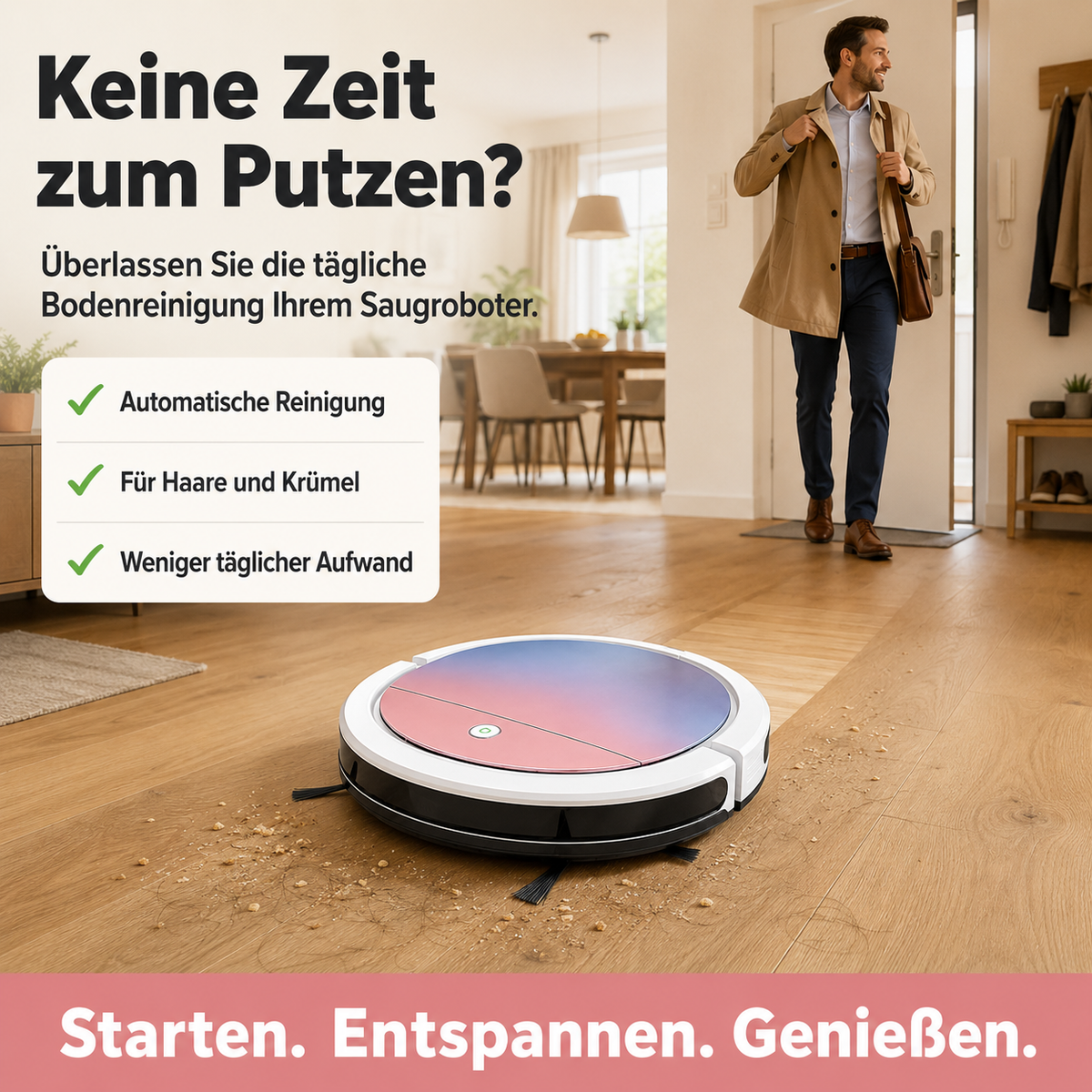 Ultraflacher 3-in-1 Saugroboter für Haare, Staub und Krümel